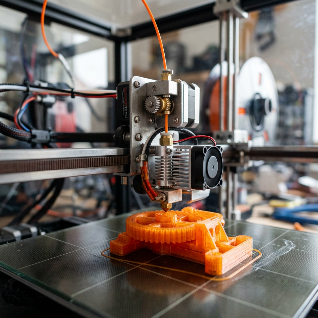 Imprimante 3D en cours d'impression d'une pièce orange sur le plateau