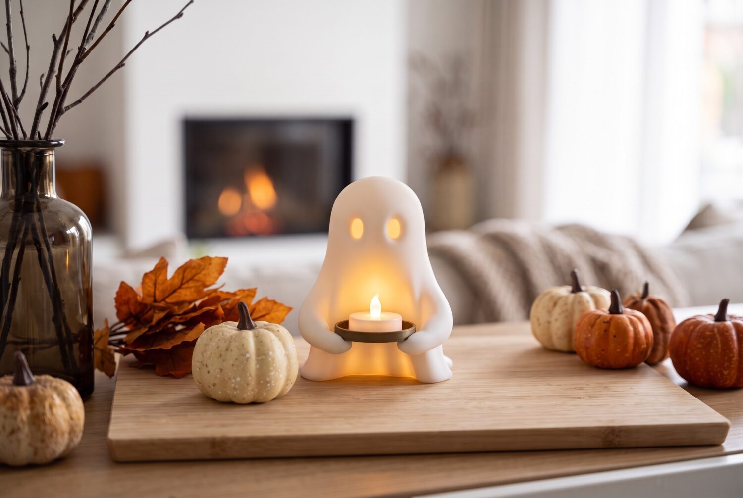 Fantôme d'Halloween avec plateau bougie LED 1
