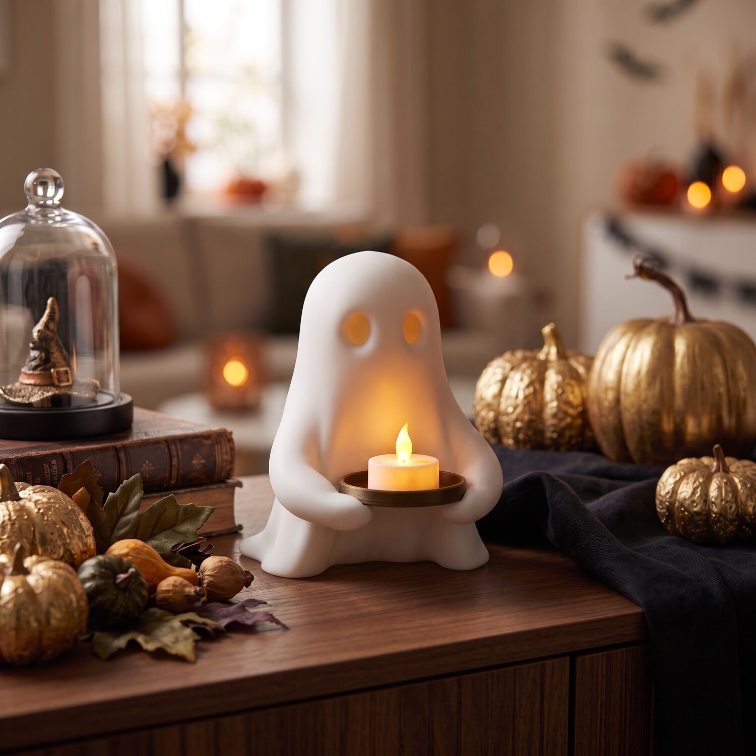Fantôme d'Halloween avec plateau bougie LED 2